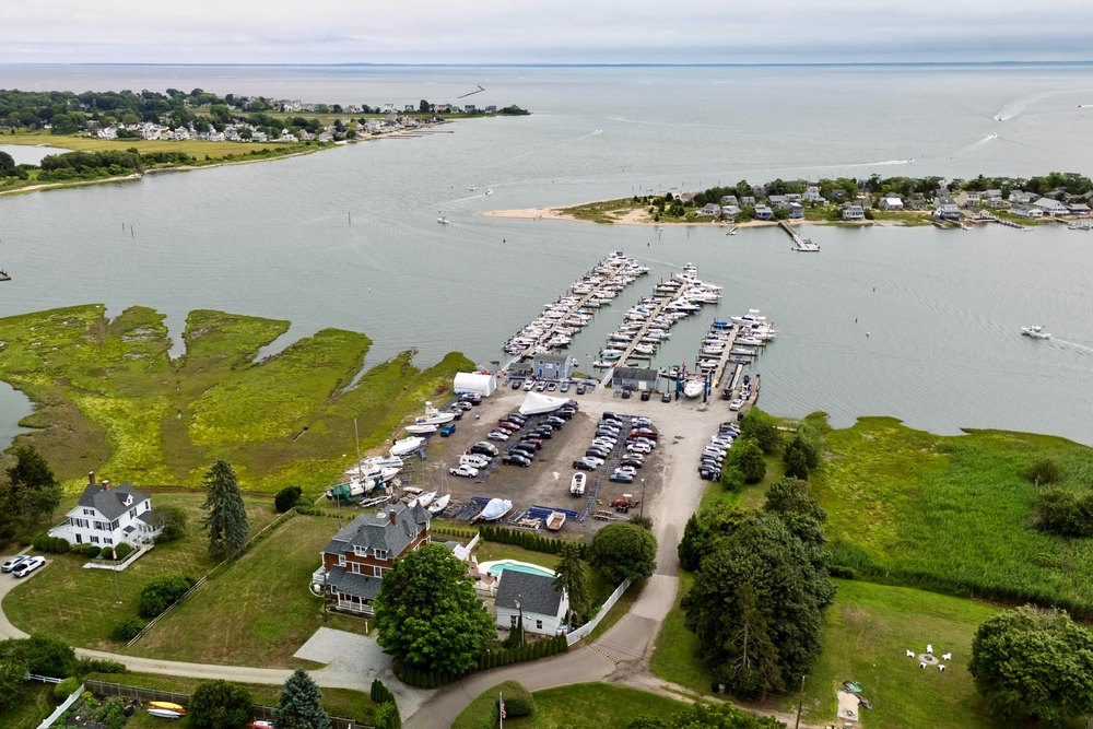 Aerial view of Petzold's Port Clinton Marina and the marshland leading out to Long Island Sound