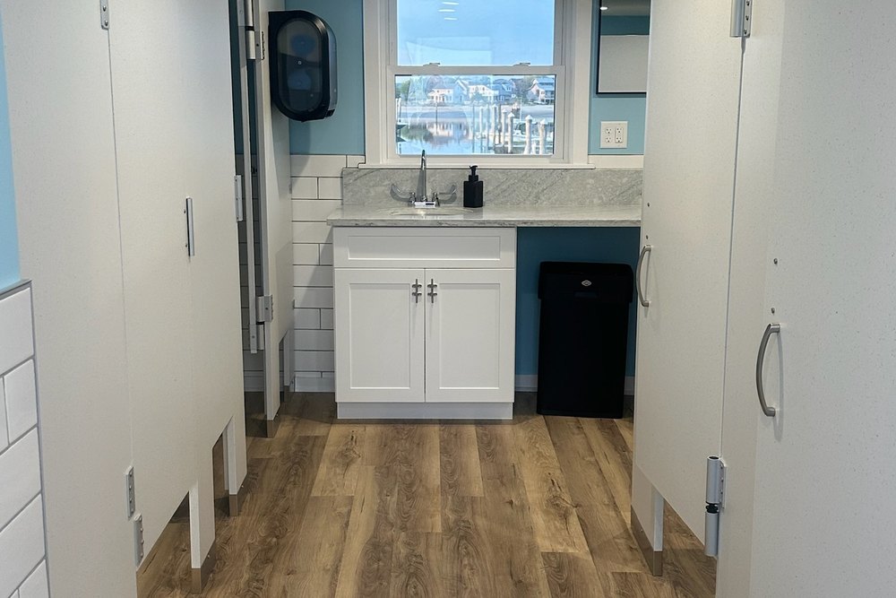 The marina's new bathroom facilities, with a window looking out over the water