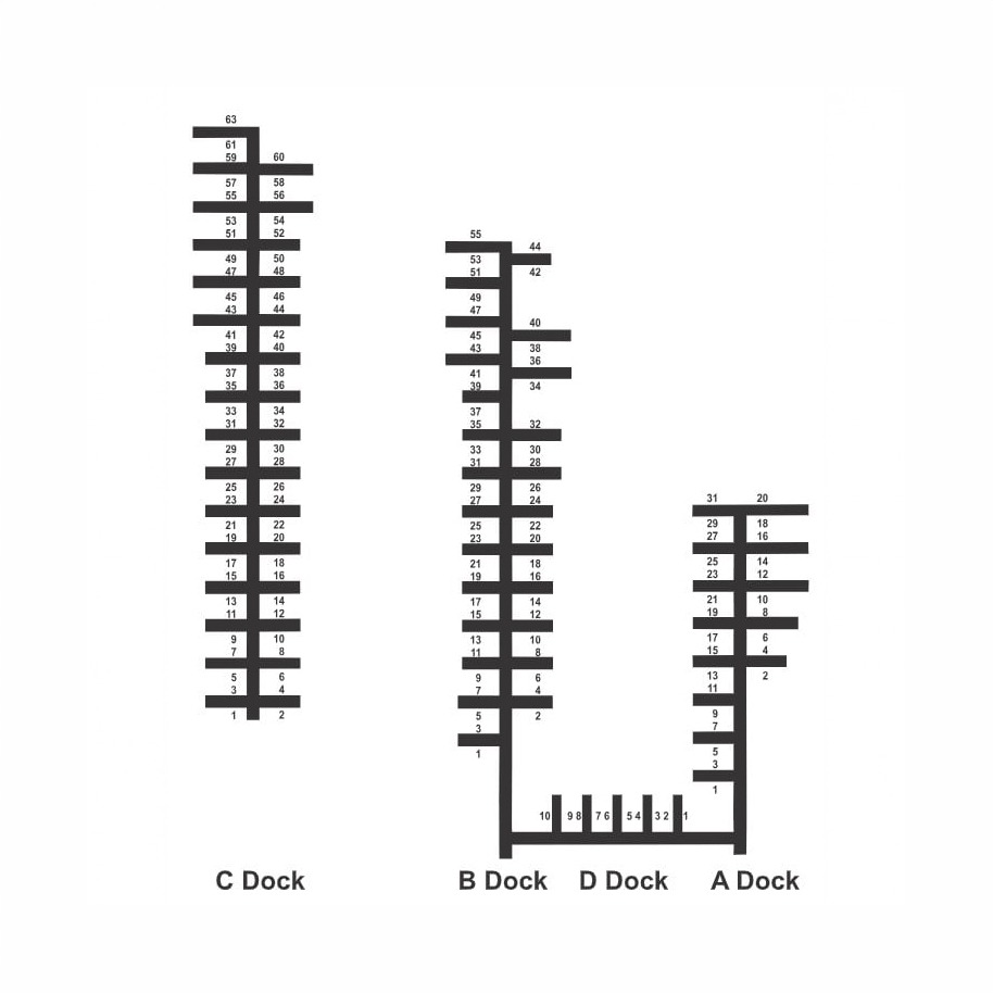 Port Clinton Marina dock layout showing A, B, C and D docks with slip numbers