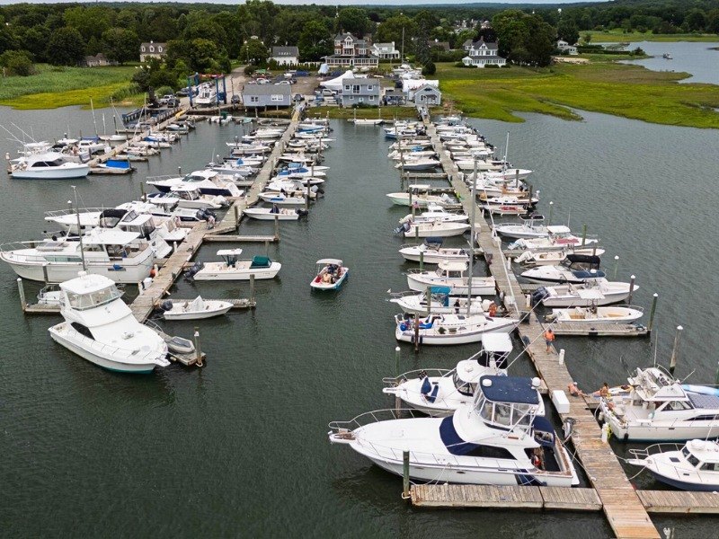 Aerial view of the docks and moored boats at Petzold's Port Clinton Marina
