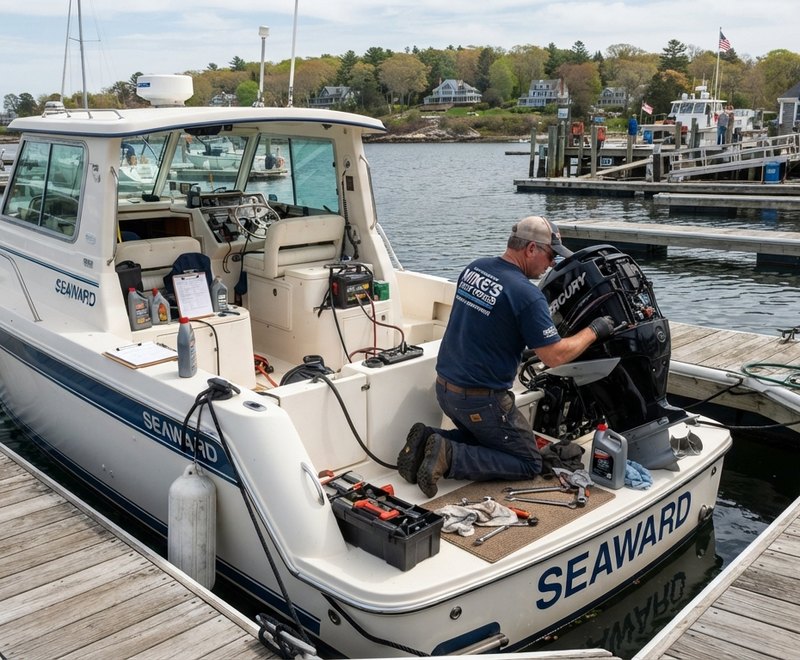 A technician servicing an outboard engine at the dock