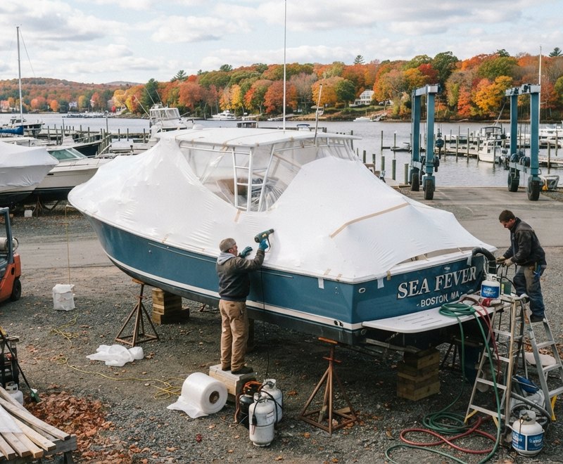 A boat being shrink-wrapped for winter storage