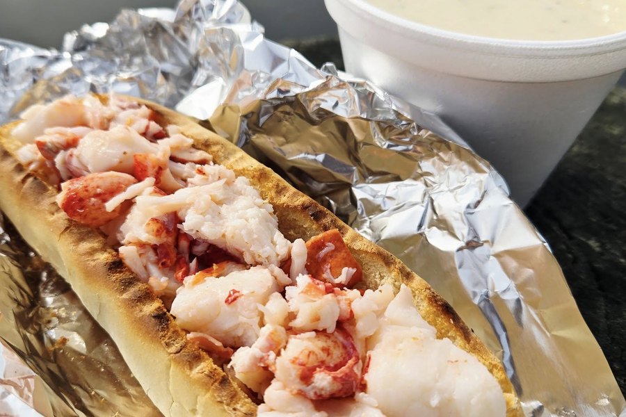 A lobster roll and cup of chowder from Lobster Landing in Clinton