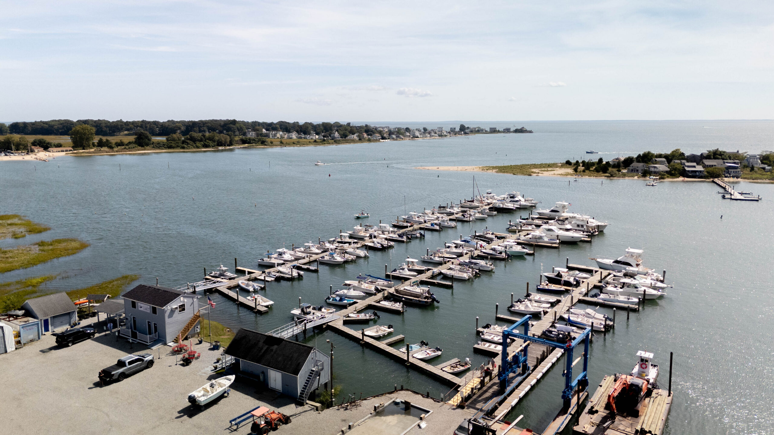 Aerial view of Petzold's Port Clinton Marina and the marshland leading out to Long Island Sound