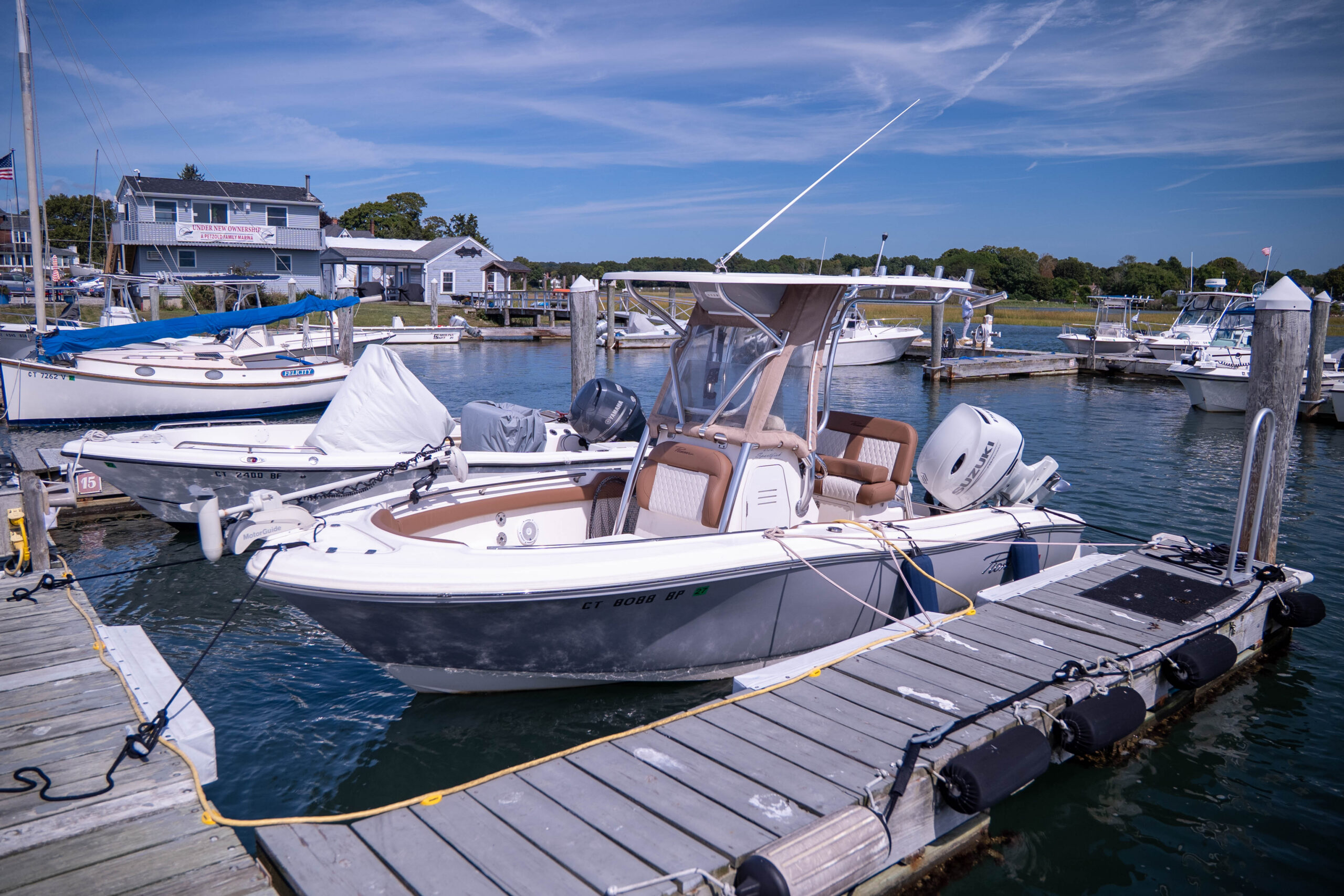 Aerial view of the docks and moored boats at Petzold's Port Clinton Marina