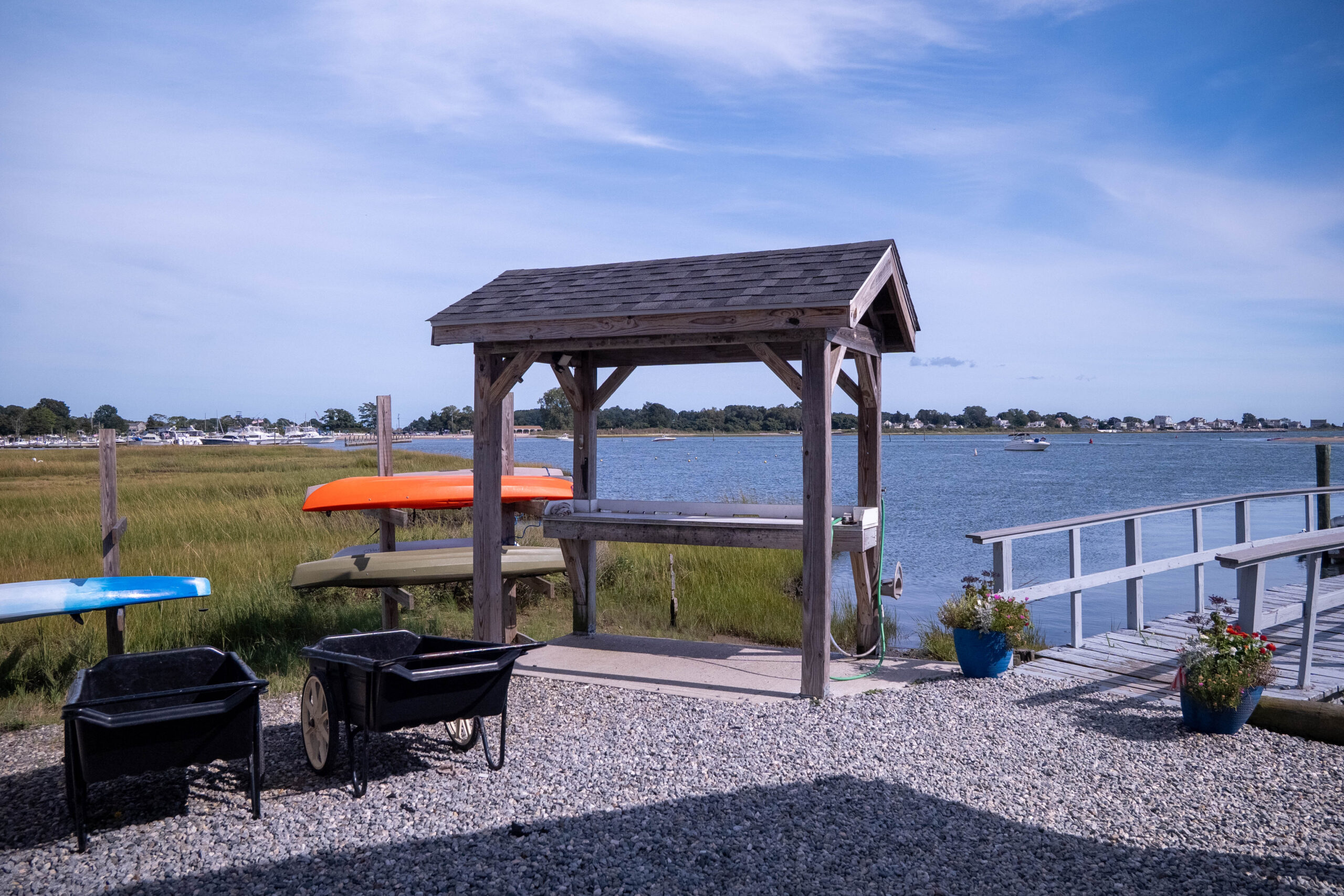 The marina's new bathroom facilities, with a window looking out over the water